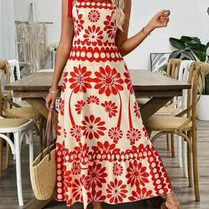 White Casual Women's Floral Print Shoulder Strap Cinched Waist Long Maxi Dress